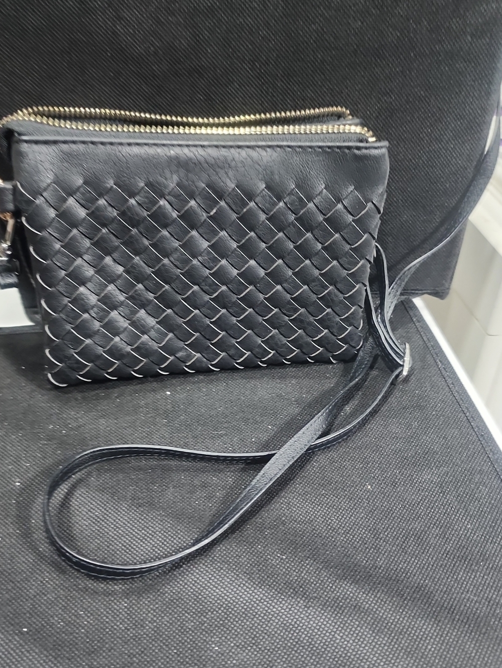 Woven Leather Crossbody Bag - Black